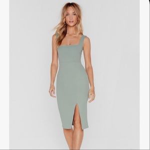 NASTYGAL Sage Square Neck Bodycon Slit Midi Dress